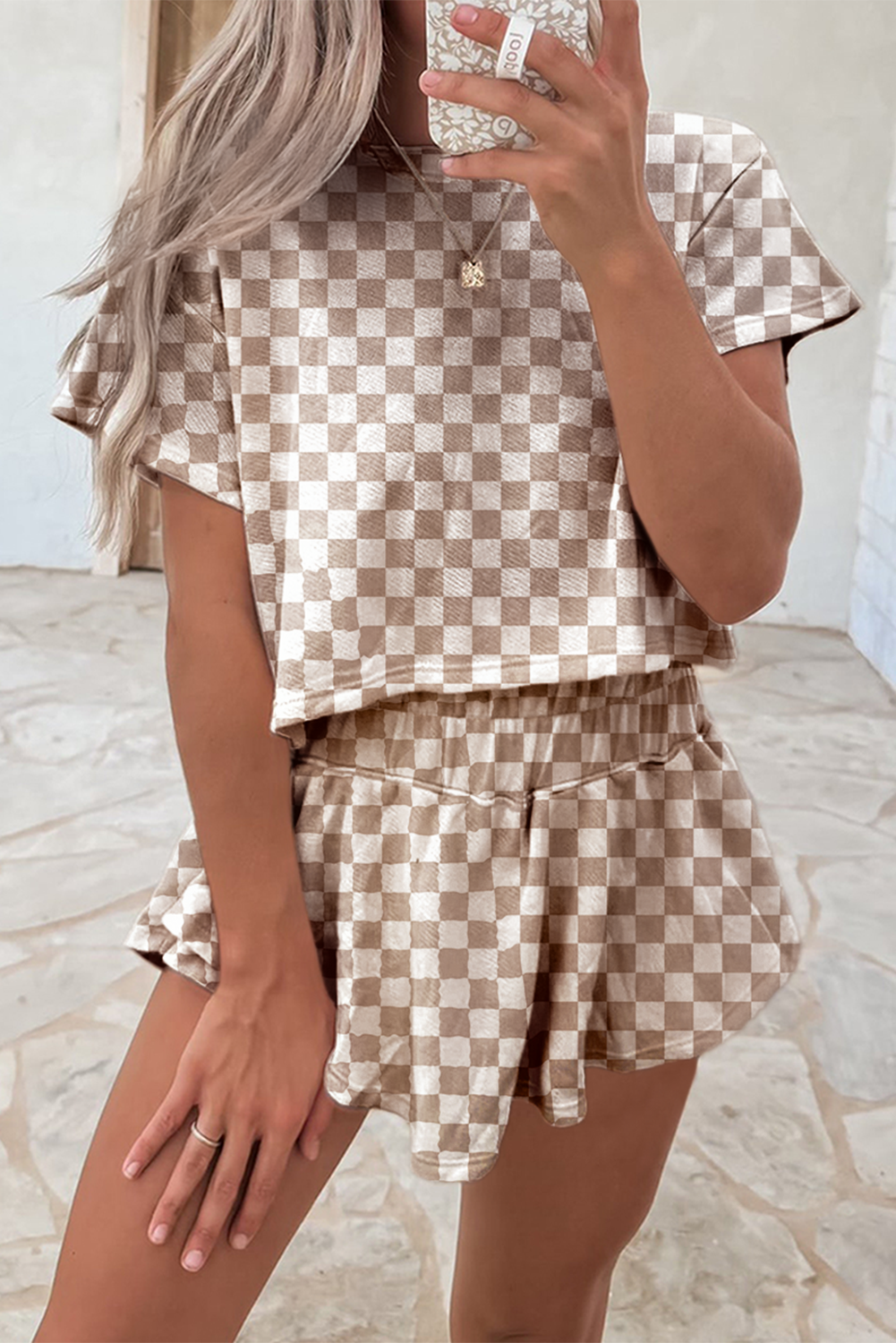 Checkerboard T Shirt and High Waist Skorts 2 Piece Outfit