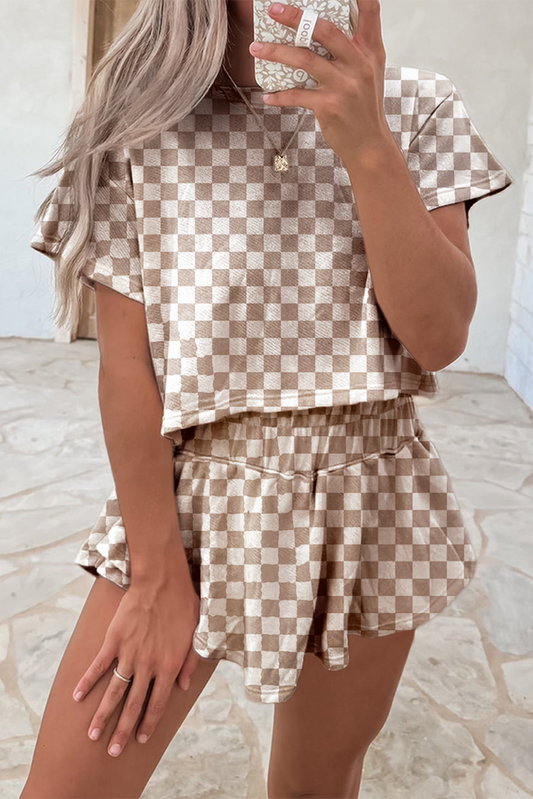 Checkerboard T Shirt and High Waist Skorts 2 Piece Outfit
